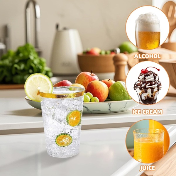 20 piezas Vasos para jugo | 200ml | 300ml | Copas de cóctel | Vasos de fiesta con borde dorado transparente | Adecuados para fiestas de cumpleaños, bodas, compromisos, reuniones familiares, reuniones con amigos