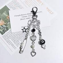 Cross-Border New Niche Personalized Minimalist Style Billiard Pin Beaded Heart Chain Pendant Hanging Chain Black Pink Bow Keychain - Multicolor - View 1