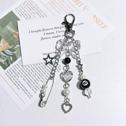 Cross-Border New Niche Personalized Minimalist Style Billiard Pin Beaded Heart Chain Pendant Hanging Chain Black Pink Bow Keychain