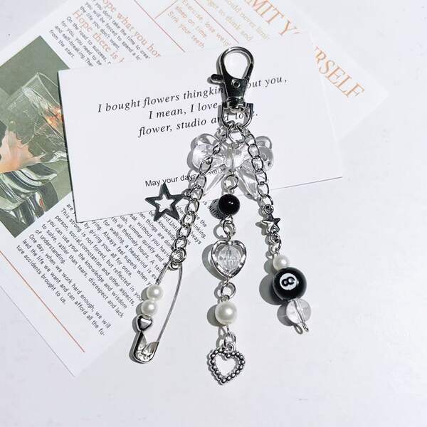 Cross-Border New Niche Personalized Minimalist Style Billiard Pin Beaded Heart Chain Pendant Hanging Chain Black Pink Bow Keychain