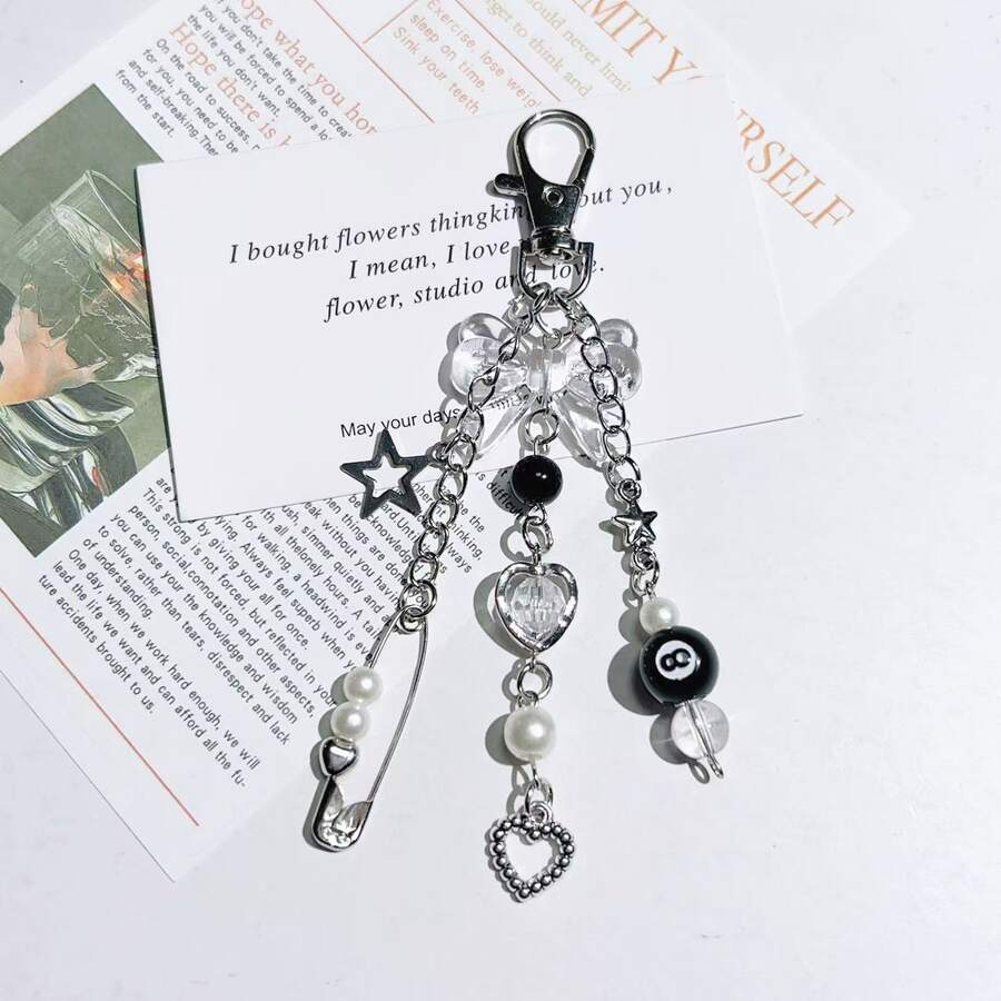 Cross-Border New Niche Personalized Minimalist Style Billiard Pin Beaded Heart Chain Pendant Hanging Chain Black Pink Bow Keychain - Multicolor - View 1