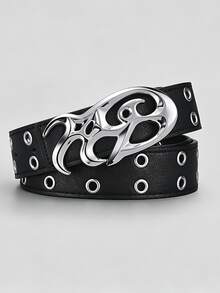 New Y2K Hollow PU Leather Punk Belt, Unisex, Vintage Luxury Asymmetrical Alloy Buckle Belt, Suitable For Daily And Formal Occasions, Perfect Gift Choice - Silver Buckle Black - View 5