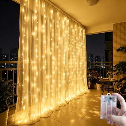 Battery Powered Curtain Lights, Landscape Lighting, Fairy Garland Decor, Perfect For Bedroom, Wedding, Ramadan, Birthday Party And Holiday Indoor Wall Decoration, Fairy Lighting, Birthday Party Backdrop Wall Decor String Lights, 4 Light Color Options Outdoor Lights, Garden Lights, Holiday String Lights, Sparkling Patio Lights, Room Bedroom Living Room Wall Curtain String Lights, Camping Decor, Romantic Atmosphere Room Terrace String Lights