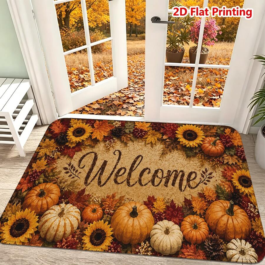 1/2pcs Autumn Door Mat, Thanksgiving Theme Flannel Door Mat, Soft Comfortable Absorbent Non-Slip Machine Washable, Multi-Functional Home Entrance Carpet Kitchen Bathroom Hallway Mat, Decorative Sunflower Pumpkin Maple Leaf Pattern, Suitable For Living Room Bedroom Patio Laundry Room Holiday Decor - Multicolor - View 1