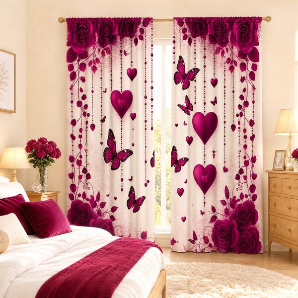 2pcs French Romantic Rose Heart Butterfly Pattern Printed Semi-Sheer Curtains, 90GSM Polyester Semi-Sheer Privacy Protection, Easy Installation, Quick Dry, Washable And Fade-Resistant, Lightweight Removable Curtains, Suitable For Home, Room, Kitchen And Other Partitions Or Decoration