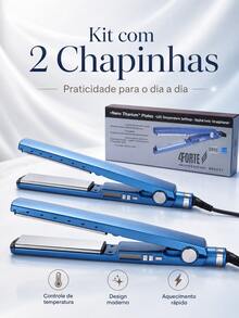 Kit 2 Chapinhas Alisadoras de Cabelo com Controle de Temperatura para Alisar e Modelar - Azul - Visão 2