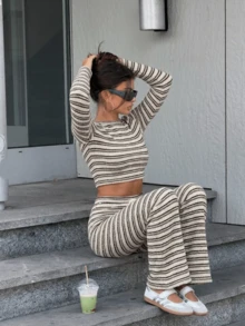Women's Autumn Striped Ribbed Knit 2 Pieces Set, Crew Neck Slim Fit Long Sleeve Top And Low Waist Drawstring Flare Pants, Fashion Casual Outfit - Brown - View 2