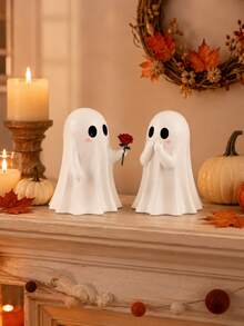 2pcs Romantic Ghost Couple Figurines, Cute White Halloween Ghost Decor With Rose And Blushing Design, Spooky Fall Tabletop Decoration For Bookshelf, Mantel, Entryway, Party, Bedroom And Halloween Gift - Multiple Styles - View 6