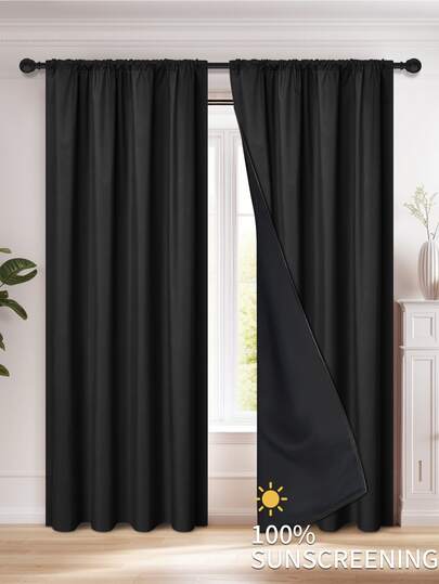 1pc/2pcs Solid Color Blackout Film Curtains, Thin, Rod Pocket Design, 100% Polyester Fiber Blackout & Sunshade, Classic Minimalist Style, Suitable For Bedroom, Living Room, Study And Other Window Decoration, Room Decoration, Living Room Decoration