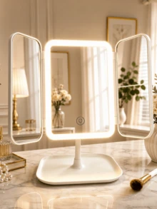LED 3-Fold Makeup Mirror, Actual 2x/3x Magnification, 3 Lighting Modes, Foldable Storage, Vanity Mirror With Storage Base, Rotatable Makeup Mirror, Touch Control, 600mAh Battery, Ideal Holiday Gift - Multicolor - View 2