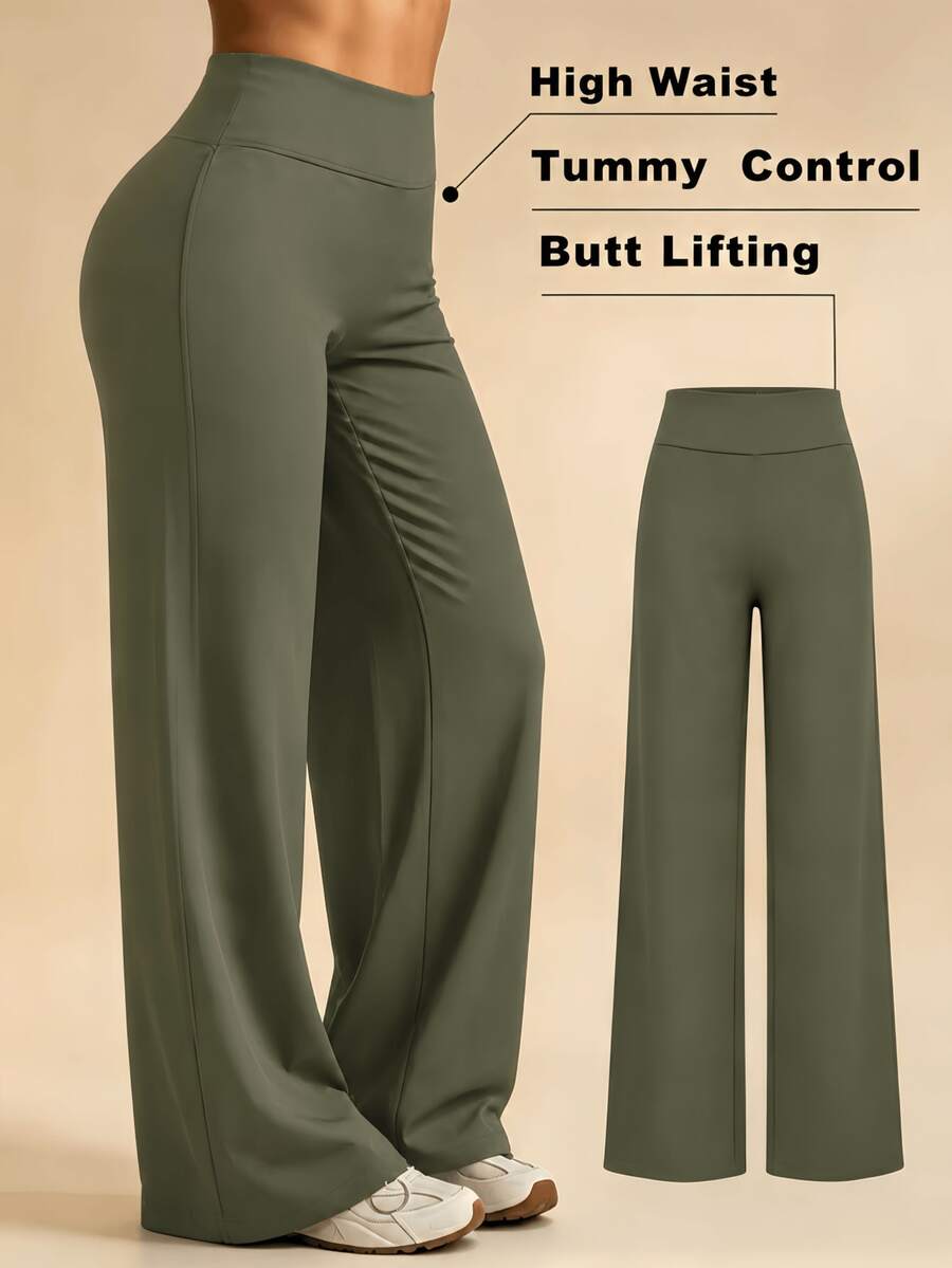 Women's High Waist Wide Leg Yoga Pants Tummy Control Butt Lifting Flare Leggings Soft Stretch Workout Pants Casual Athleisure Autumn Outfits - 橄欖綠 - 查看 1