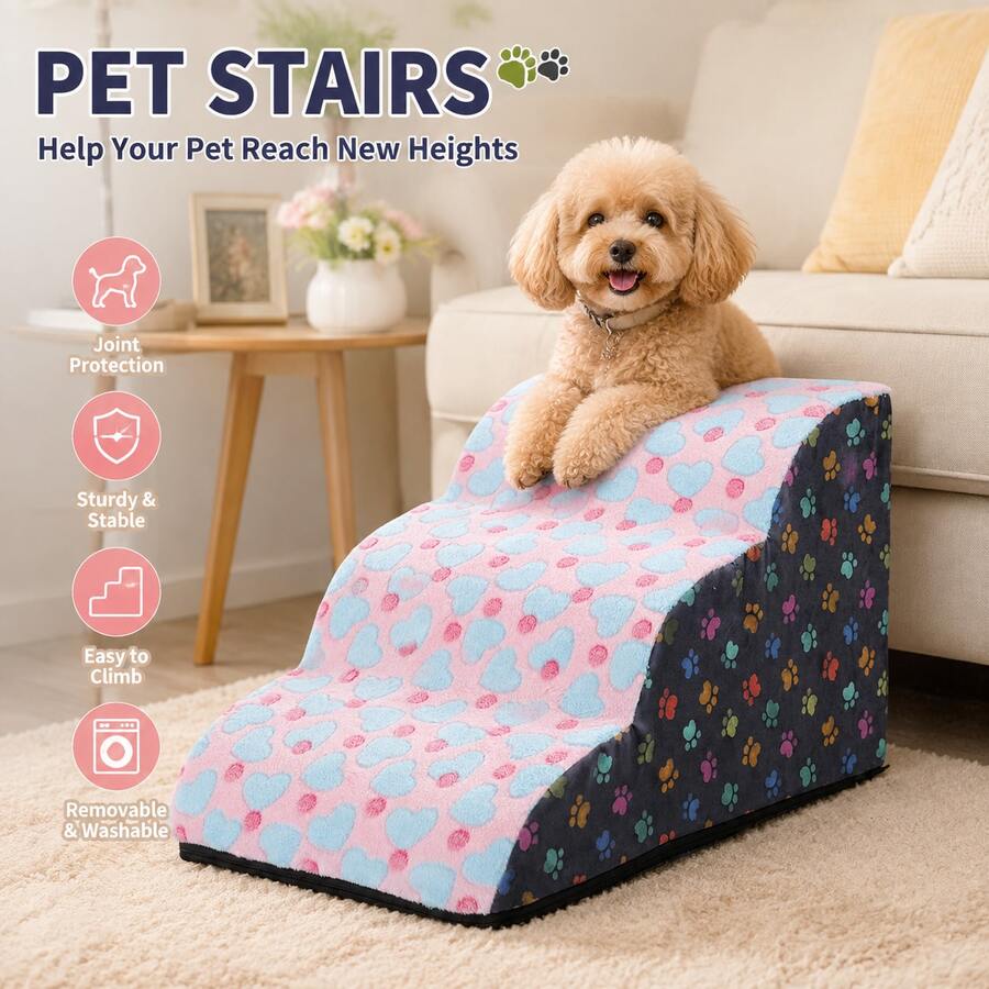 Escaleras para mascotas de franela con estampado de corazones rosas, escalones de espuma con pendiente para sofá y cama, para gatos y perros pequeños