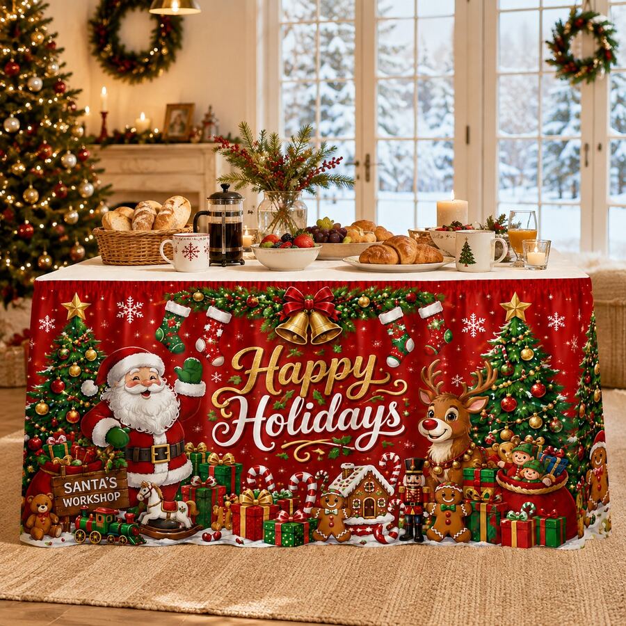 Merry Christmas Table Skirt, Printed With Santa Claus, Reindeer And Gift Patterns, Red Holiday Polyester Tablecloth, Suitable For Christmas Party, Family Gathering, Dessert Table, Classroom And Winter Home Decor - A - View 1