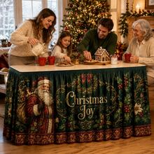 Vintage Christmas Tablecloth, Santa Claus And Holly Print, Christmas Joy Green Polyester Tablecloth, Luxury Holiday Party Decoration, Suitable For Dining Room, Home Gathering And Winter Home Decor - A - View 9