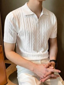 ALTZTAR Men's Short Sleeve Knitted Cable Texture Polo Collar Top - White - View 3