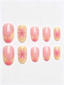 96 piezas de pegatinas de uñas francesas florales ovaladas cortas, pegatinas de uñas acrílicas cortas, uñas postizas de cobertura completa, con caja de almacenamiento, adecuadas para el uso diario y fiestas de mujeres y niñas - Multicolor - Ver 7