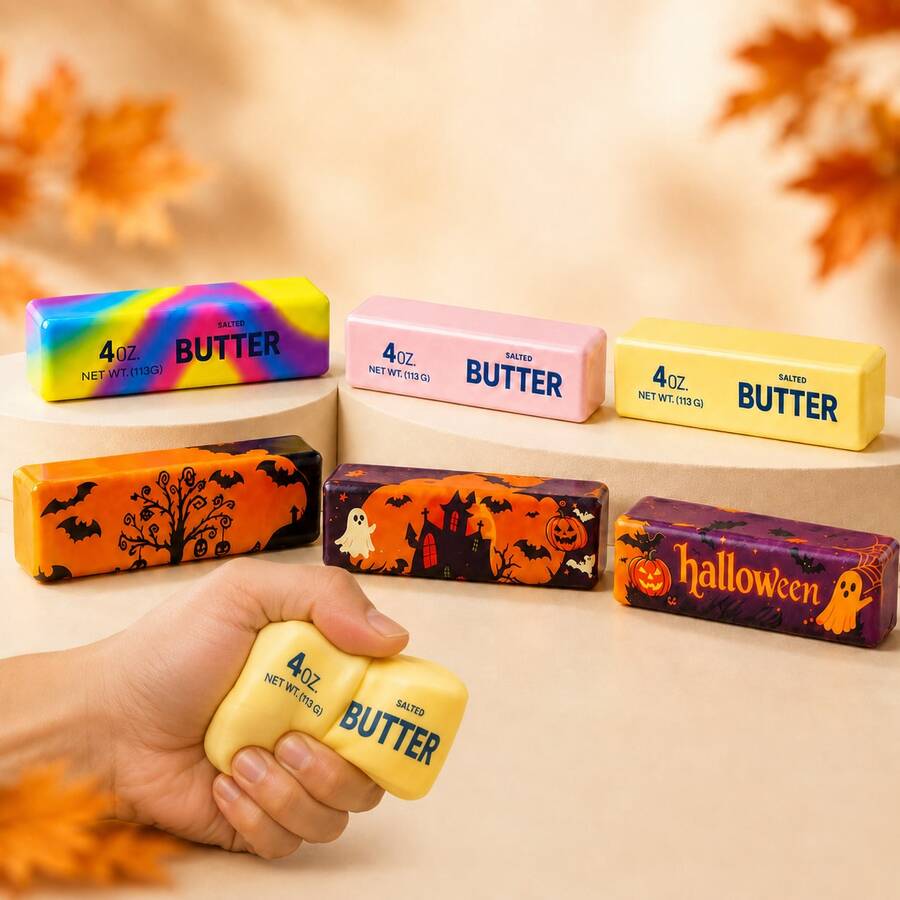 1pc Realistic Butter Stick Soft Squishy Stress Relief Sensory Toy, Fun Hand Squeeze Toy, Colorful And Halloween Styles, Suitable For Office Desk Play And Gifting