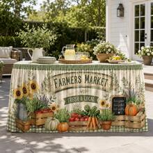 Farmers Market Table Skirt, Sunflower Vegetable Pumpkin Print, Country Farmhouse Style Polyester Tablecloth, Suitable For Harvest Party, Kitchen Decor, Autumn Celebration, Country Events And Market Theme Decoration - A - View 3
