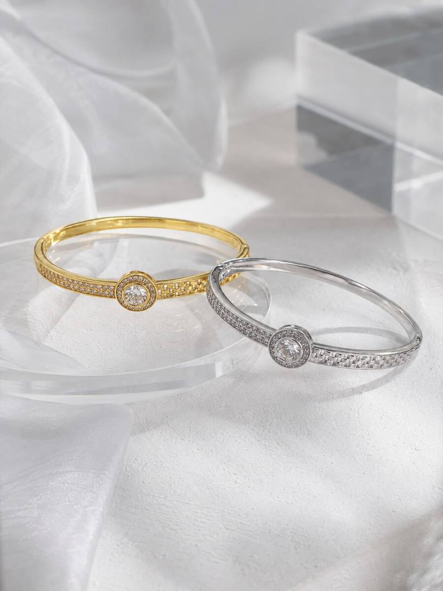 1pc Women's Double C Geometric Buckle Rhinestone Open Cuff Bracelet, Minimalist Thin Bangle, Versatile Accessory For Daily Commute, Date And Party - S63180-w - View 1