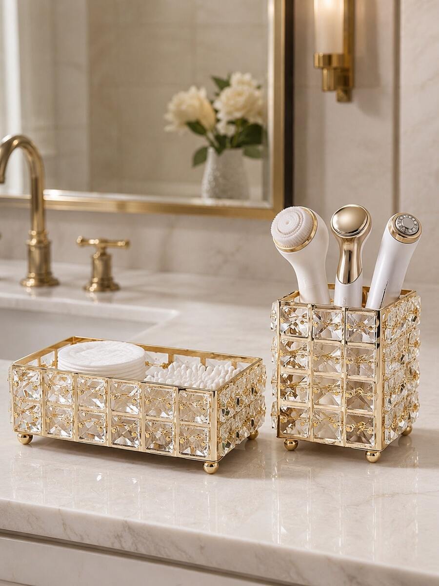 Luxury Gold Square Storage Box, Suitable For Storing Cosmetics, Makeup Tools, Watches, Keys, Etc., Can Be Used As Desktop Organizer Or Decorative Item For Bathroom, Bedroom, Entryway