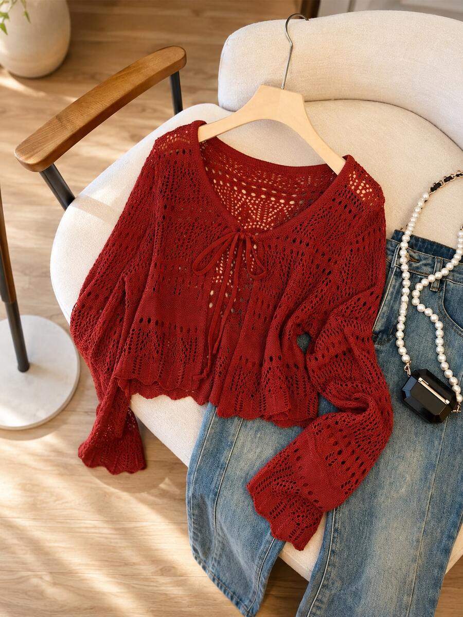 V-Neck Drawstring Hollow Crochet Knit Short Cover Up, Summer Lightweight Sun Protection Cover-Up, Vacation Style Flare Sleeve Outerwear, Air Conditioning Shawl - Multicolor - View 1