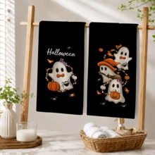 2pcs Black Beads Pumpkin Halloween Kitchen Towels, Farmhouse Bat Spider Decorative Hand Towel Set - Multicolor - View 10