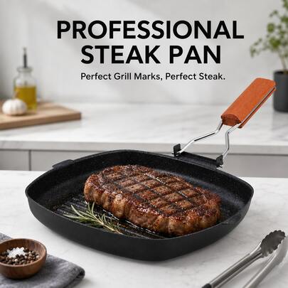 Sartén de parrilla antiadherente de acero laminado en frío, sartén de plancha cuadrada con relieve y mango de madera plegable, sartén de barbacoa para estufa para cocinar filetes, tocino, pescado, pollo, hamburguesas, cocina interior y exterior
