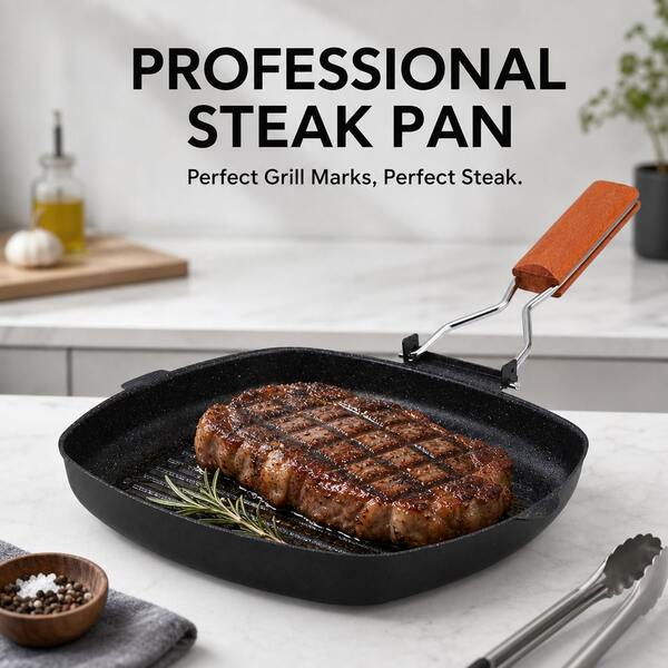 Professional Steak Grill Pan, Nonstick Ribbed Griddle Skillet With Wooden Handle, Square Stovetop Frying Pan For Searing Steak, Chicken, Burgers, Fish And Vegetables