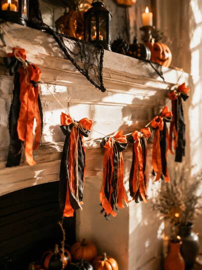 1pc Halloween Black & Orange Ribbon Tassel Garland, Bow Fireplace Hanging Decor, Black & Orange Fabric Strip Wreath, Jute Rope Star Decorative Hanging Ornament, Halloween Banner Decoration, Fireplace Mantel Hanging Flag, Door Window Wall Hanging Decor, Party Background Props, Haunted House Atmosphere Backdrop, Living Room Bedroom Room Decoration, Front Door Entryway Hanging Decor, Stair Railing Decoration, Dining Table Dessert Table Background, Pumpkin Bat Scene Matching