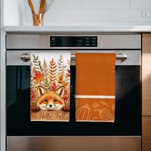 2PCS Kitchen Towel, Autumn Fox Pattern, 40*60cm Rectangular Microfiber Kitchen Towel, Dish Cloth, Tablecloth, Hand Towel, Kitchen Decor, Home Decor, Housewarming Gift For Neighbors, Kitchen Napkin And Dish Cloth, Home Decor, Gift, Perfect For Kitchen And Bathroom Use - Coral Orange - View 9