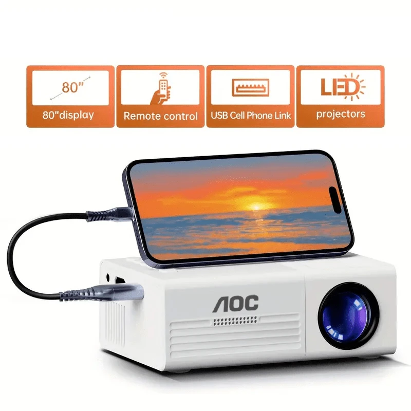 AOC 便攜式 LCD 投影機，迷你投影機附內建喇叭與遙控器，支援 USB 連接，相容 iOS、Android、Windows 與 PS4，適用於家庭劇院、遊戲與旅行，不含 HDMI 線