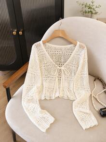 V-Neck Drawstring Hollow Crochet Knit Short Cover Up, Summer Lightweight Sun Protection Cover-Up, Vacation Style Flare Sleeve Outerwear, Air Conditioning Shawl - Multicolor - View 5