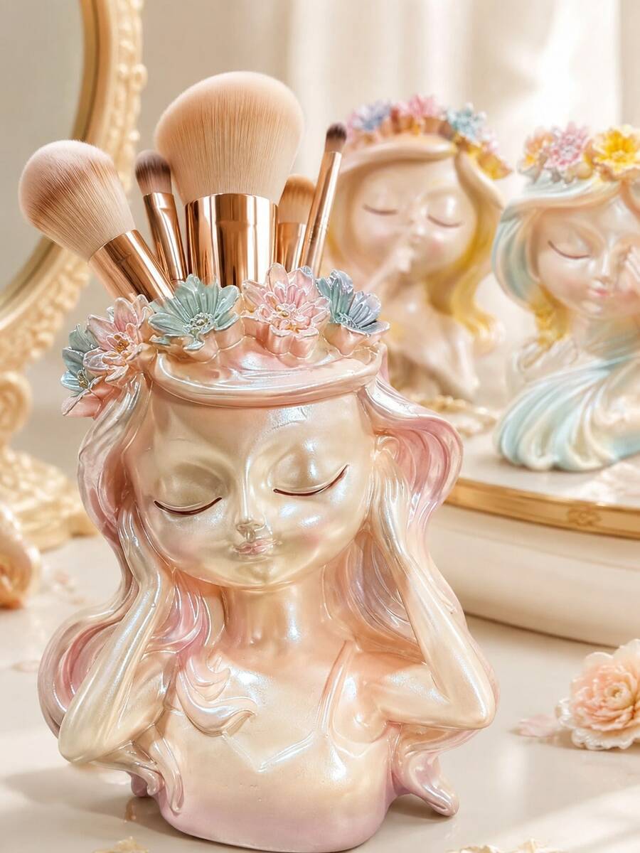 1pc Cute Girl Makeup Brush Holder, Resin Flower Crown Cosmetic Organizer, Kawaii Vanity Storage Cup For Makeup Brushes, Lipstick And Beauty Tools, Dresser, Bedroom, Bathroom Countertop, Desk Decor, Aesthetic Room Decor, Gift For Women And Girls - View 1