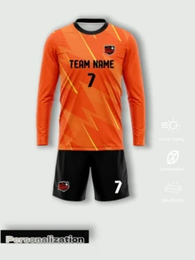 2pcs Custom Dynamic Lightning Pattern Long Sleeve Soccer Jersey Set, Set Includes Top And Shorts, Orange And Black Contrast Color Design, Customizable Front And Back, Freely Change Player Name And Jersey Number, Upload Custom Team Logo, Comfortable Soft Fabric, Suitable For Official Soccer Matches, Daily Training, Team Building, Also As Casual Wear, Create Unique Team Sports Apparel, 2026 Soccer Project - Orange - View 2