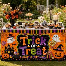 Halloween Trick Or Treat Table Skirt, Pumpkin Ghost Witch Print, Cute Orange & Black Polyester Tablecloth, Suitable For Kids Halloween Party, Candy & Dessert Table Decoration, Classroom Activities And Spooky Home Decor - A - View 7