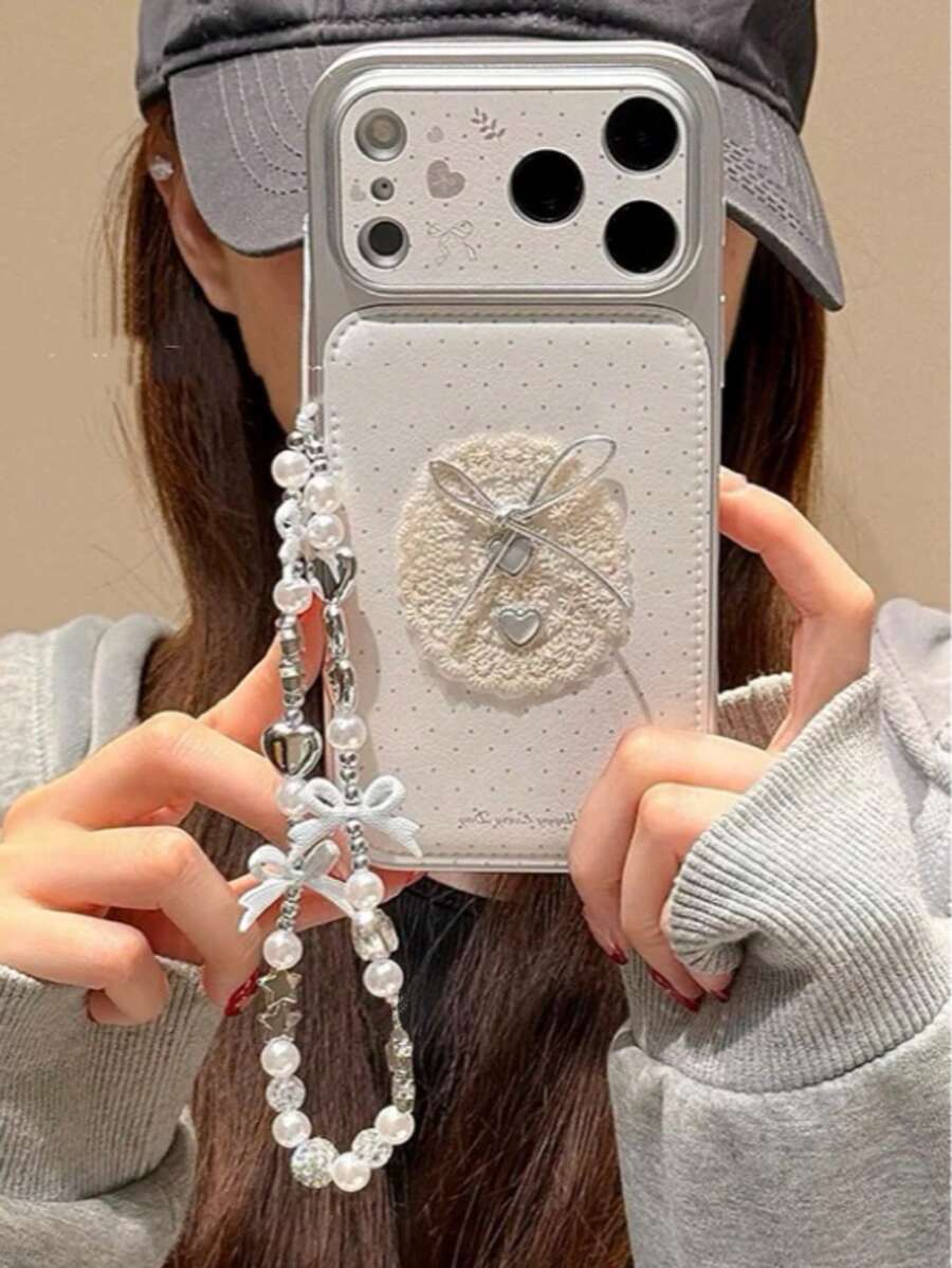 甜美 Ins 風波點蕾絲蝴蝶結手機殼,適用於 Apple 17 Pro、16 Pro Max、15 PM、17、14 PM、15、16、18 Pro Max,大窗設計,附鏈條,皮革材質,全包覆小眾保護殼 - 白色 - 查看 1