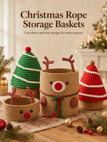 Cute Christmas Knitted Storage Basket, Reindeer Christmas Tree Shaped Cotton Rope Storage Box, Holiday Desktop Candy Gift Storage Rack, Suitable For Holiday Home Decor And Children's Room - Multicolor - View 1