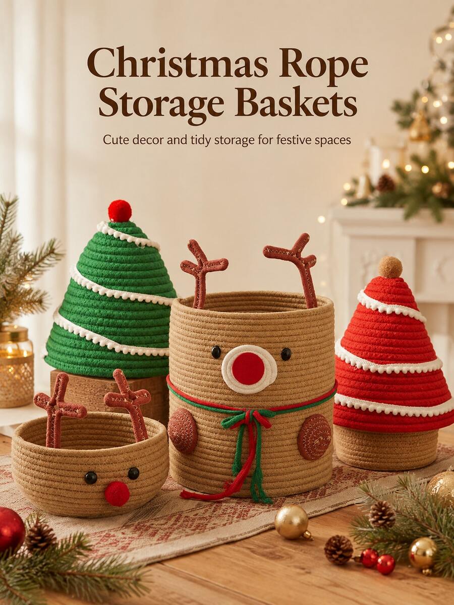 Cute Christmas Knitted Storage Basket, Reindeer Christmas Tree Shaped Cotton Rope Storage Box, Holiday Desktop Candy Gift Storage Rack, Suitable For Holiday Home Decor And Children's Room - Multicolor - View 1