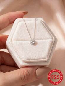 1 pieza Colgante de corazón de plata de ley 925 con incrustaciones de rhinestone, collar de joyería de alta gama para damas, de todo uso, para boda y San Valentín - Plateado - Ver 1