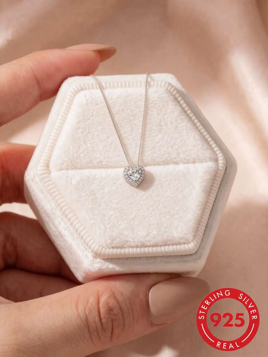 1 pieza Colgante de corazón de plata de ley 925 con incrustaciones de rhinestone, collar de joyería de alta gama para damas, de todo uso, para boda y San Valentín - Plateado - Ver 1