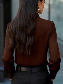Plus Size Brown Bowtie Shirt With Bow And Ruffle Decor, Long Sleeve Regular Fit Top - Brown - View 2
