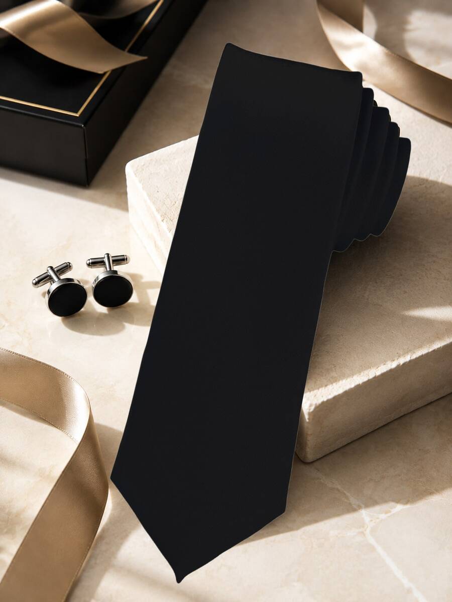 1SET Solid Color Hand-Tied Tie & Cufflinks Combination Set, Minimalist Versatile Tie & Cufflinks Set - Black - View 1