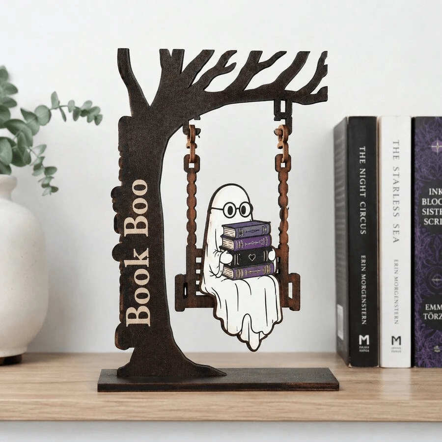 Halloween Ghost Swing Ornament, Wooden Ghost Figurine, Can Be Placed On Bookshelf, Desk Or Book Corner, Create Party Atmosphere. - C - View 1