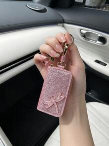 1 buah Dompet Kunci Mobil Transparan Berlapis Emas Motif Capung, Tas Penyimpanan Kunci Mobil Universal Berkilau Kreatif, Tas Kecil Pengorganisasi Kunci Mobil dengan Liontin Mutiara Ceri - A - View 2