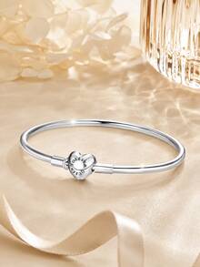 FOREVER QUEEN 1PC 925 Sterling Silver Heart Bangle Bracelet, Clear CZ Pave Heart Clasp Smooth Bangle, Romantic Jewelry Gift For Women - Bracelet - View 4