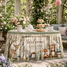 Welcome Baby Table Skirt, Forest Animal Print, Sage Green Polyester Tablecloth For Baby Shower, Gender Neutral Nursery Party, First Birthday, Dessert Table Decor And Forest Theme Celebration - A - View 6