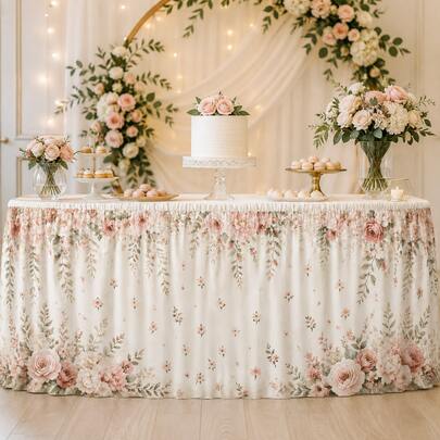 Blush Floral Table Skirt With Rose And Greenery Print, Romantic Wedding Party Decoration, Elegant Polyester Table Cover For Bridal Shower, Baby Shower, Dessert Table, Reception And Event Decor