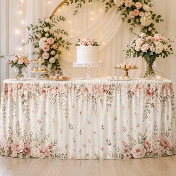 Blush Floral Table Skirt With Rose And Greenery Print, Romantic Wedding Party Decoration, Elegant Polyester Table Cover For Bridal Shower, Baby Shower, Dessert Table, Reception And Event Decor