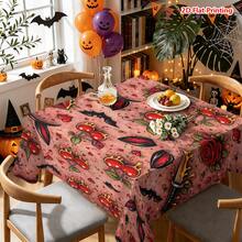 1/2pcs Halloween Tablecloth, Gothic Dark Style Rose Cherry Bat Lips Pattern Polyester Tablecloth Suitable For Dining Room Kitchen Coffee Table Dining Table Picnic Camping Country Farmhouse Decor And Halloween Holiday Decoration - Multicolor - View 13