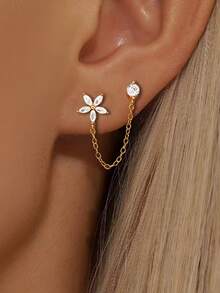 1pc S925 Sterling Silver Double Piercing Chain Flower Stud Earrings For Women, Delicate Niche Design, Sweet Elegant Luxury Style, Personalized Layered Wear, Fashion Daily Commute Date Gentle Atmosphere Accessory - Flowers - View 4